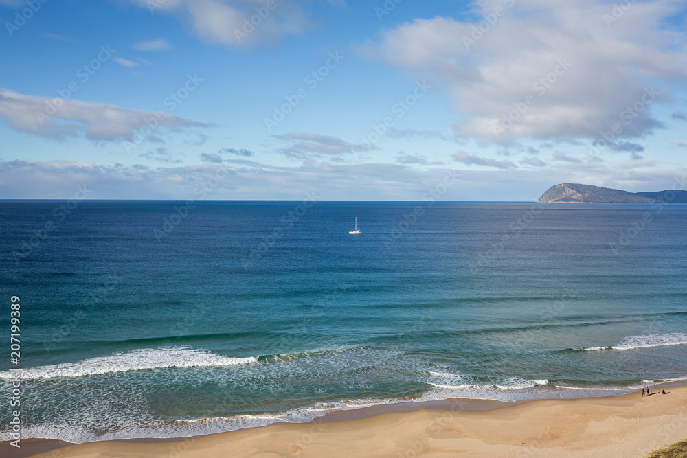 View of the beach from the spit lookout, also known as the Neck, Bruny Island, Tasmania, Australia