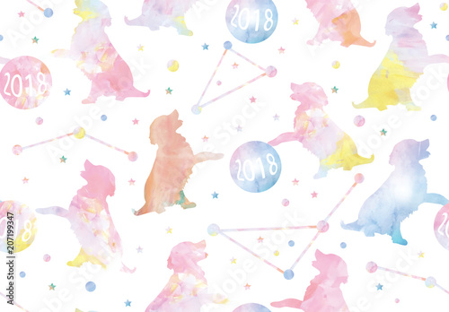 Year of the dog 2018 watercolor seamless pattern white, blue, pink, yellow, orange