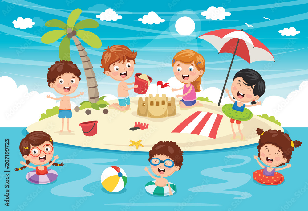 Vector Illustration Of Kids Playing At Beach and Sea Vector Illustration Of Kids Playing At Beach and Sea