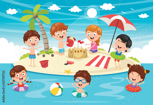 Vector Illustration Of Kids Playing At Beach and Sea © yusufdemirci