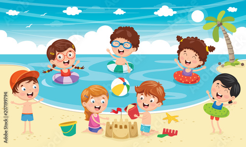 Vector Illustration Of Kids Playing At Beach and Sea © yusufdemirci