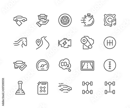 Simple Set of Car Features Related Vector Line Icons. Contains such Icons as Car Price Tag, Specifications, Fuel, Transmission Type and more. Editable Stroke. 48x48 Pixel Perfect.v