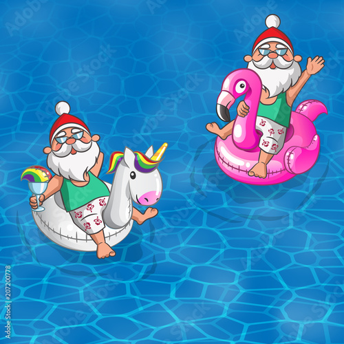 Set Santa Claus floating with inflatable Flamingo and Unicorn, sailing along the sea - summer background