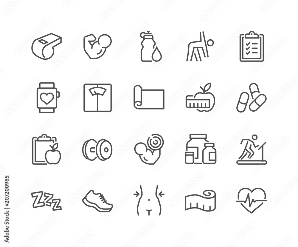 Simple Set of Fitness Related Vector Line Icons. Contains such Icons as Workout, Sleep, Diet Plan, Sport Supplements, Nutrition and more. Editable Stroke. 48x48 Pixel Perfect. Simple Set of Fitness Related Vector Line Icons. Contains such Icons as Workout, Sleep, Diet Plan, Sport Supplements, Nutrition and more. Editable Stroke. 48x48 Pixel Perfect.