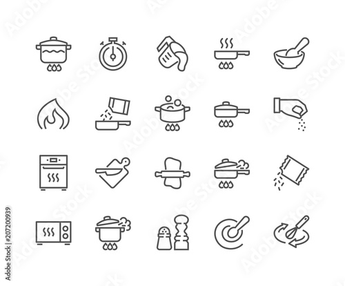 Simple Set of Cooking Related Vector Line Icons. Contains such Icons as Frying Pan, Boiling, Flavoring, Blending and more. Editable Stroke. 48x48 Pixel Perfect.