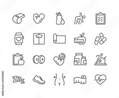 Simple Set of Fitness Related Vector Line Icons. Contains such Icons as Workout, Sleep, Diet Plan, Sport Supplements, Nutrition and more. Editable Stroke. 48x48 Pixel Perfect.