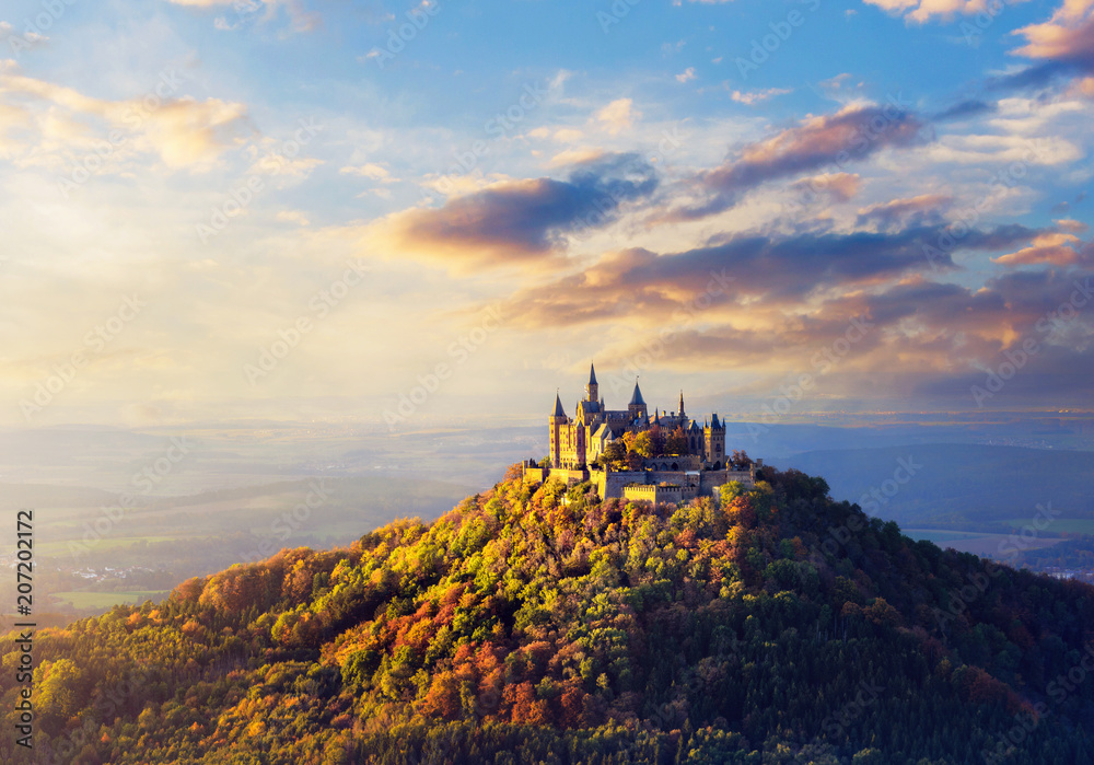 Panoramic view of German Castle Hohenzollern during sunset