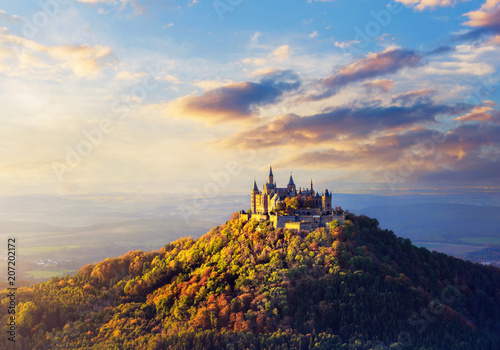 Panoramic view of German Castle Hohenzollern during sunset