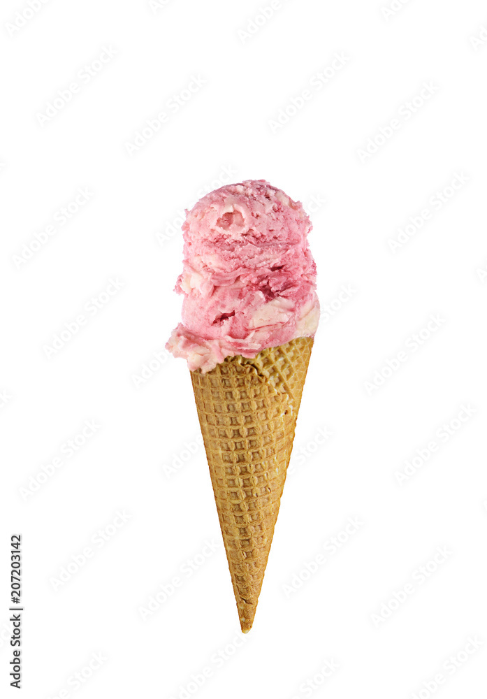 Strawberry ice cream scoop with cone isolated on white background Strawberry ice cream scoop with cone isolated on white background