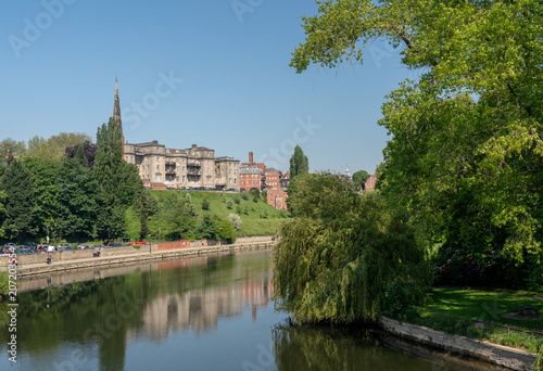 Skyline of Shrewsbury above river Severn