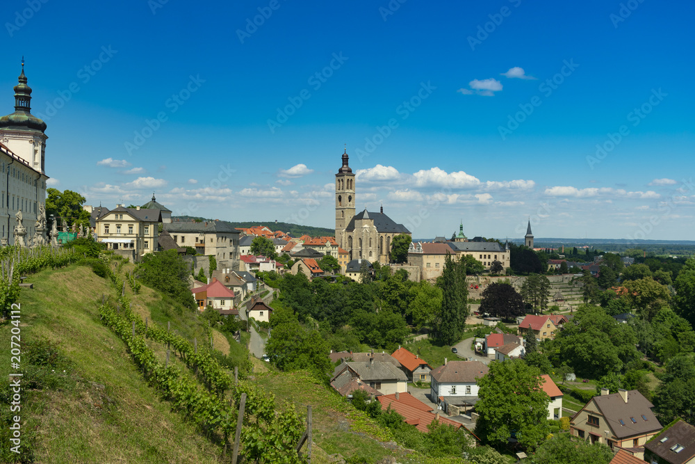 Czech Republic, panorama of the Kutna Hora, old stone house with cherry trees, bashne and vignettes