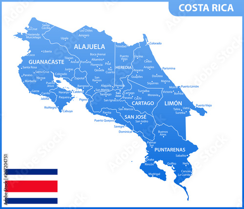 The detailed map of Costa Rica with regions or states and cities, capital. Administrative division