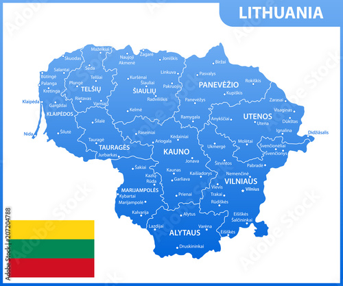 The detailed map of Lithuania with regions or states and cities  capital. Administrative division