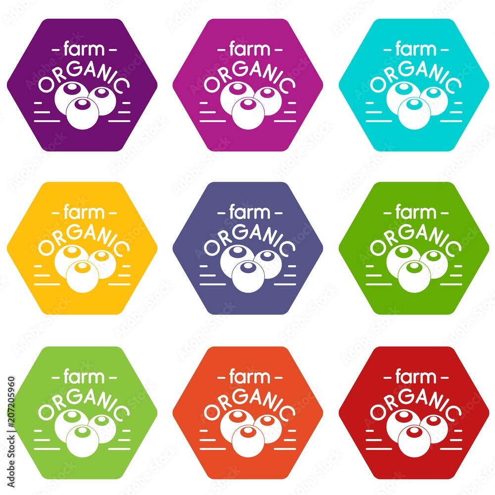 Organic farm icons 9 set coloful isolated on white for web