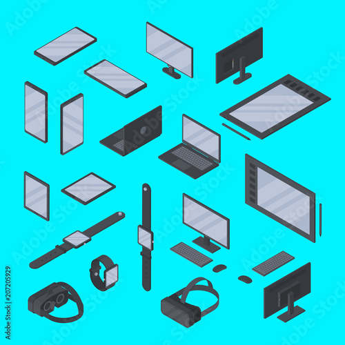 Vector set of isometric gadgets technology isolated. Smart watch, graphic tablet, smartphone, VR glasses and other devices from different angles