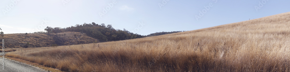 panoramic views of dry grassy drought stricken farm land in Tamworth, NSW, rural Australia
