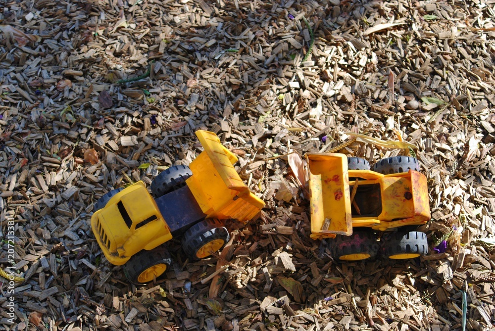 Toy Trucks in Wood Chip