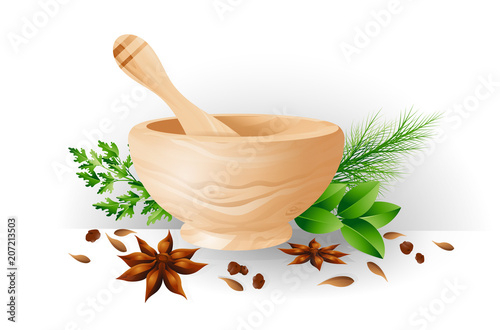 Mortar and pestle, herbs and spices