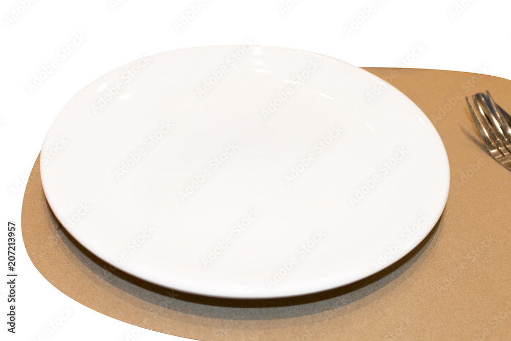 White dish ,spoon and fork to creative for design and decoration isolate on background.Copy space. White dish ,spoon and fork to creative for design and decoration isolate on background.Copy space.