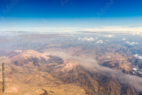 Aerial view of the Andes mountains between Lima and Cusco cities, in Peru