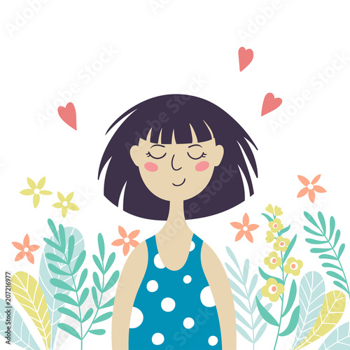 Cute cartoon girl in blue dress and flowers. Vector illustration.