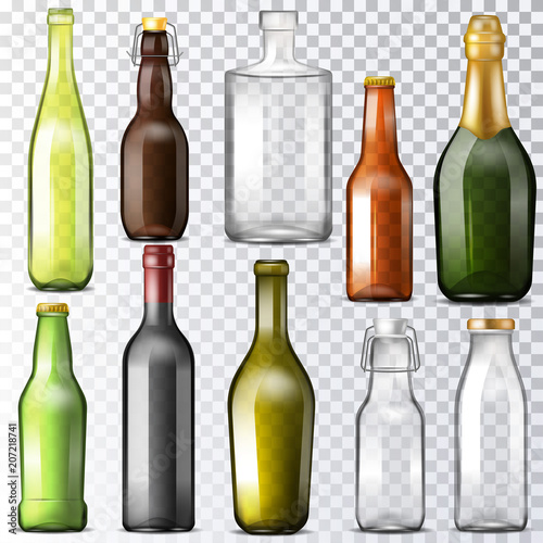 Bottle glass vector glassware of water-bottle and cupping-glass or glass-jar for drinks or beverages illustration set of wine or beer bottle-glass template isolated on transparent background