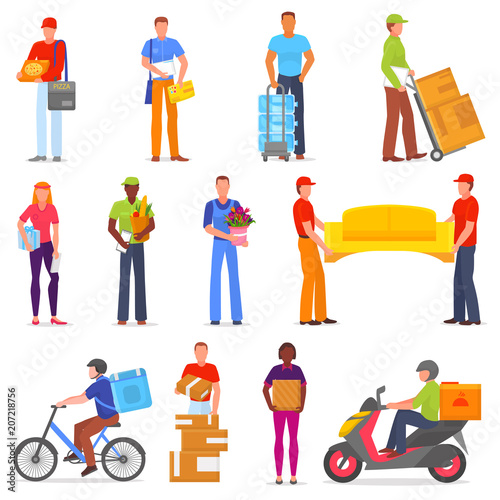 Courier vector postman character of delivery service delivering parcel box or package illustration set of deliveryman person transporting cargo isolated on white background