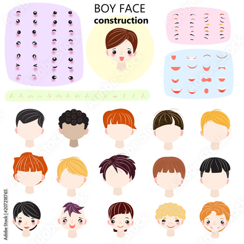 Boy face constructor vector kids character and guy avatar creation with head lips eyes illustration set of man-child facial element construction with children hairstyle isolated on background