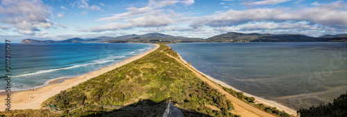 The spit lookout of the Bruny Island Neck view which shows the isthmus connecting the North and South of Bruny Island, southern Tasmania, panoramic photograph. photo
