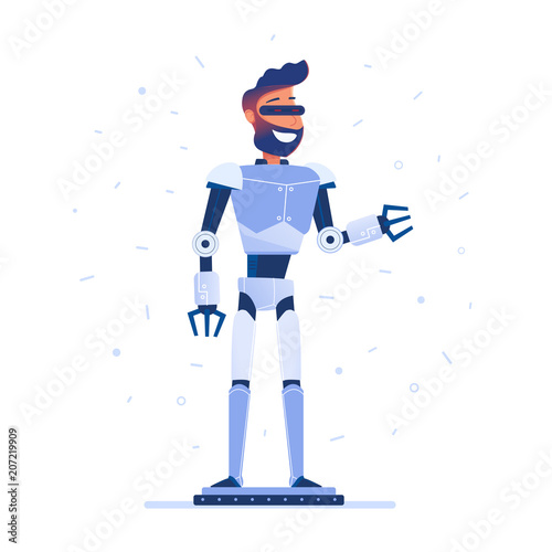A man with robot body in VR headset
