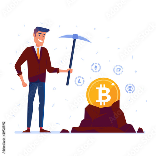 Happy caucasian man mining cryptocurrency coins. Concept of bitcoin mining, blockchain wallet and money keeping. Vector cartoon illustration on the white background. Square layout.