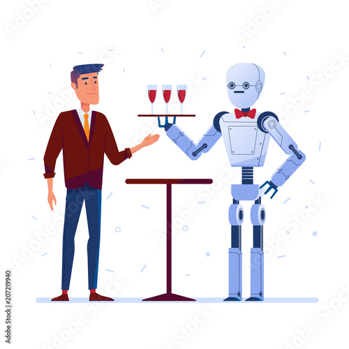 Robot waiter serves wine to a caucasian man