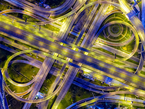 Photography Top view of Highway road junctions at night