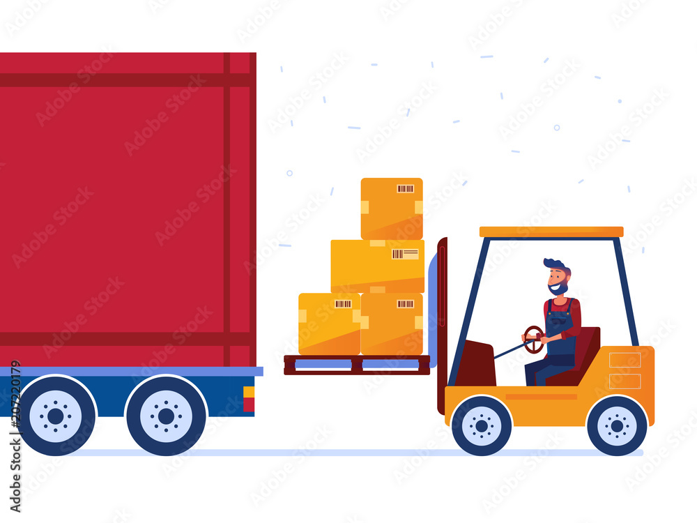 Warehouse worker is loading truck with modern forklift
