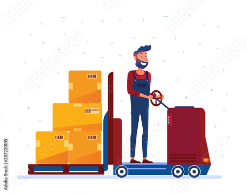Warehouse worker moving boxes with electric forklift truck