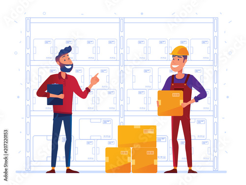 Warehouse workers are storing boxes on the rack. Happy supervisor and worker near the storage racks as a concept of convenient warehouse and logistics hub. Vector illustration on white background.