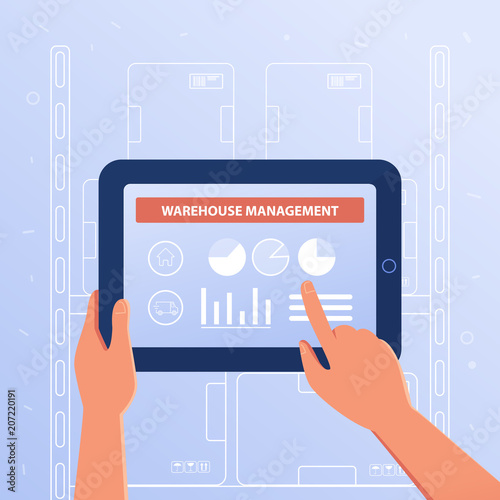 A tablet with warehouse management system. Smart warehouse, internet of things and modern logistics technology concept. Vector flat design illustration on blue background.