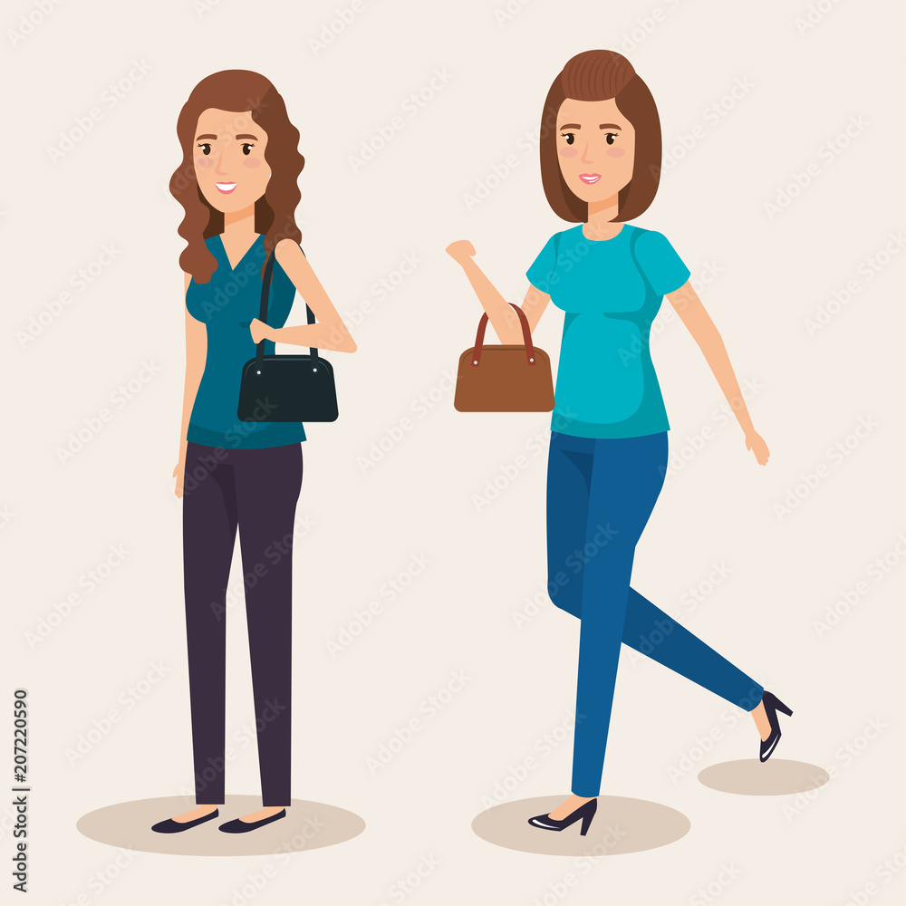 young girls avatars characters vector illustration design