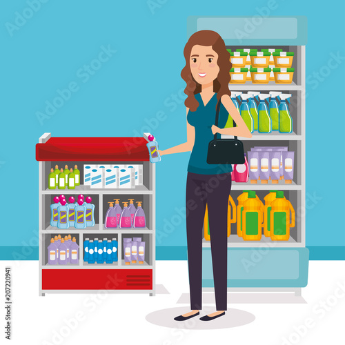 supermarket shelvings with woman buying vector illustration design