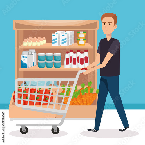 supermarket shelvings with man buying vector illustration design