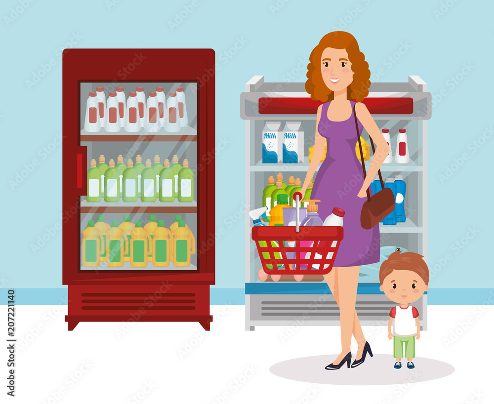 supermarket shelvings with woman buying vector illustration design supermarket shelvings with woman buying vector illustration design