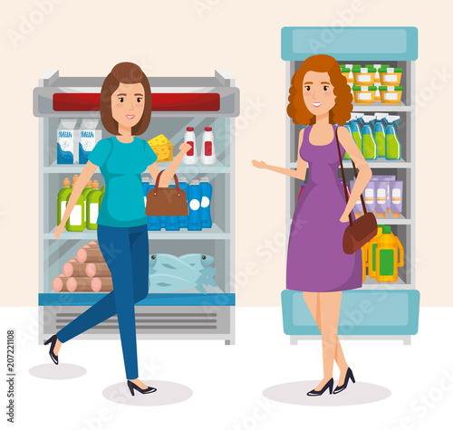 supermarket shelvings with people buying vector illustration design