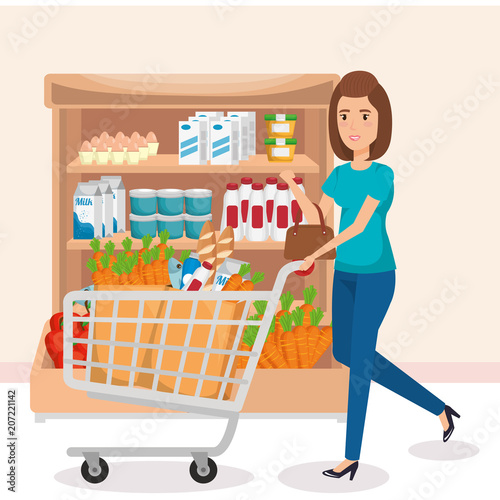 supermarket shelvings with woman buying vector illustration design