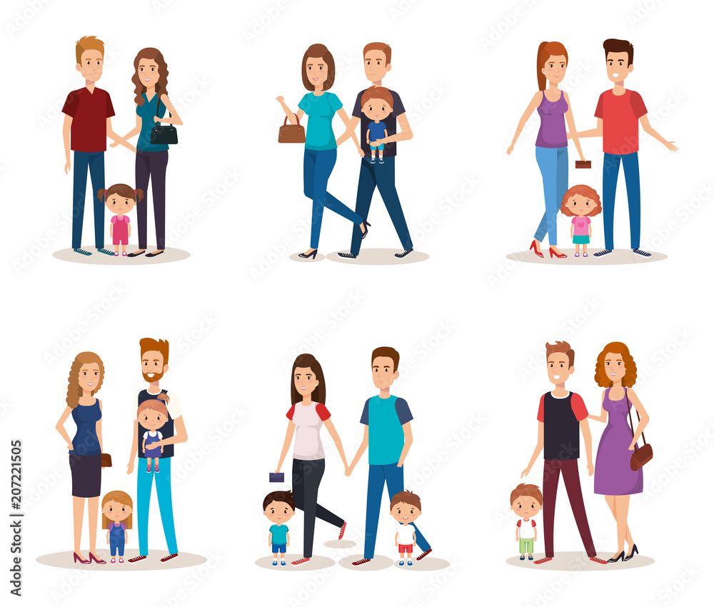 fathers and mothers with kids characters vector illustration design