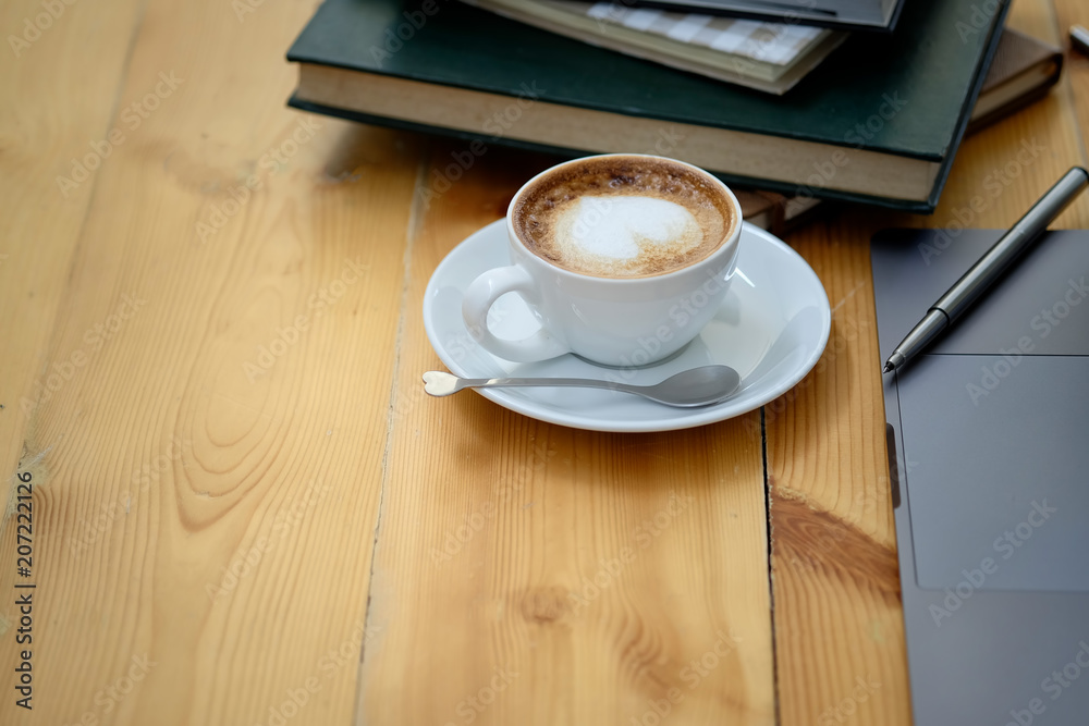 Obraz premium Business workspace, Office wooden desk coffee mug and office accessory with copy space.