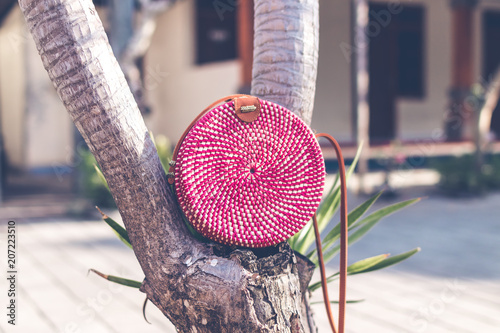 Natural organic handmade rattan handbag closeup. photo