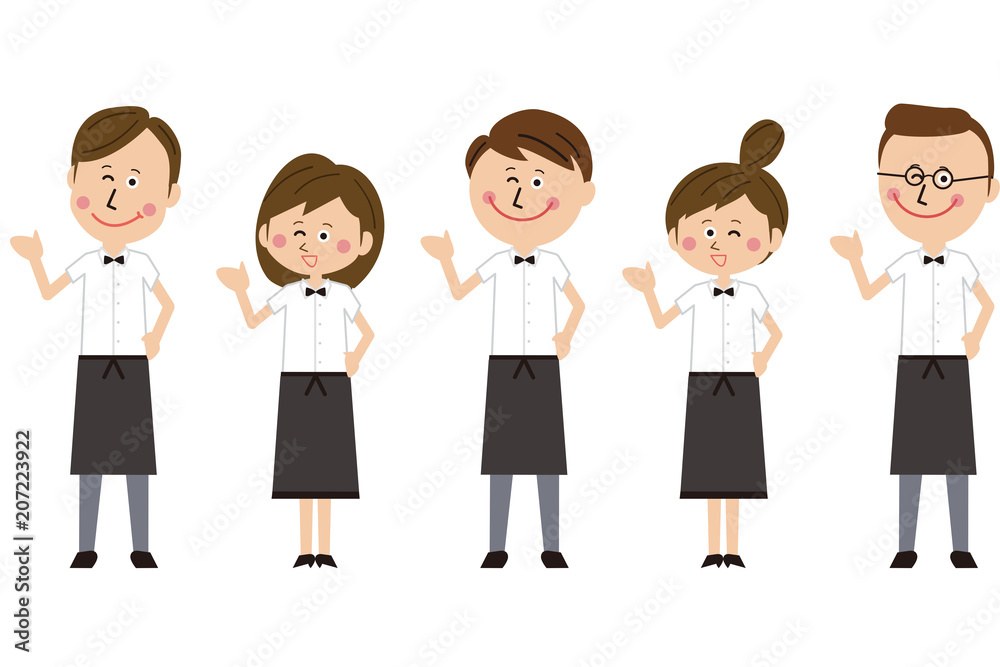 ポップな飲食店のウェーターとウェートレスのグループが案内