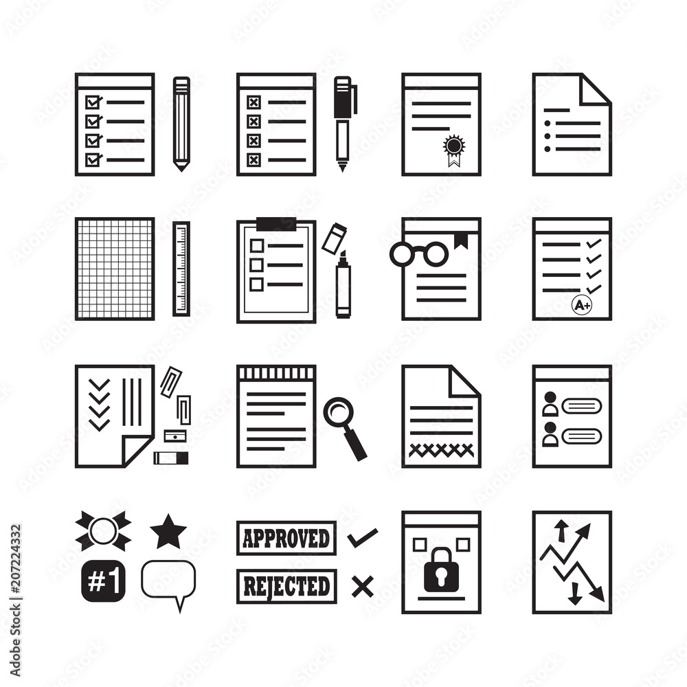 Black line office paper, documents and stationery signs icons set on white background Black line office paper, documents and stationery signs icons set on white background