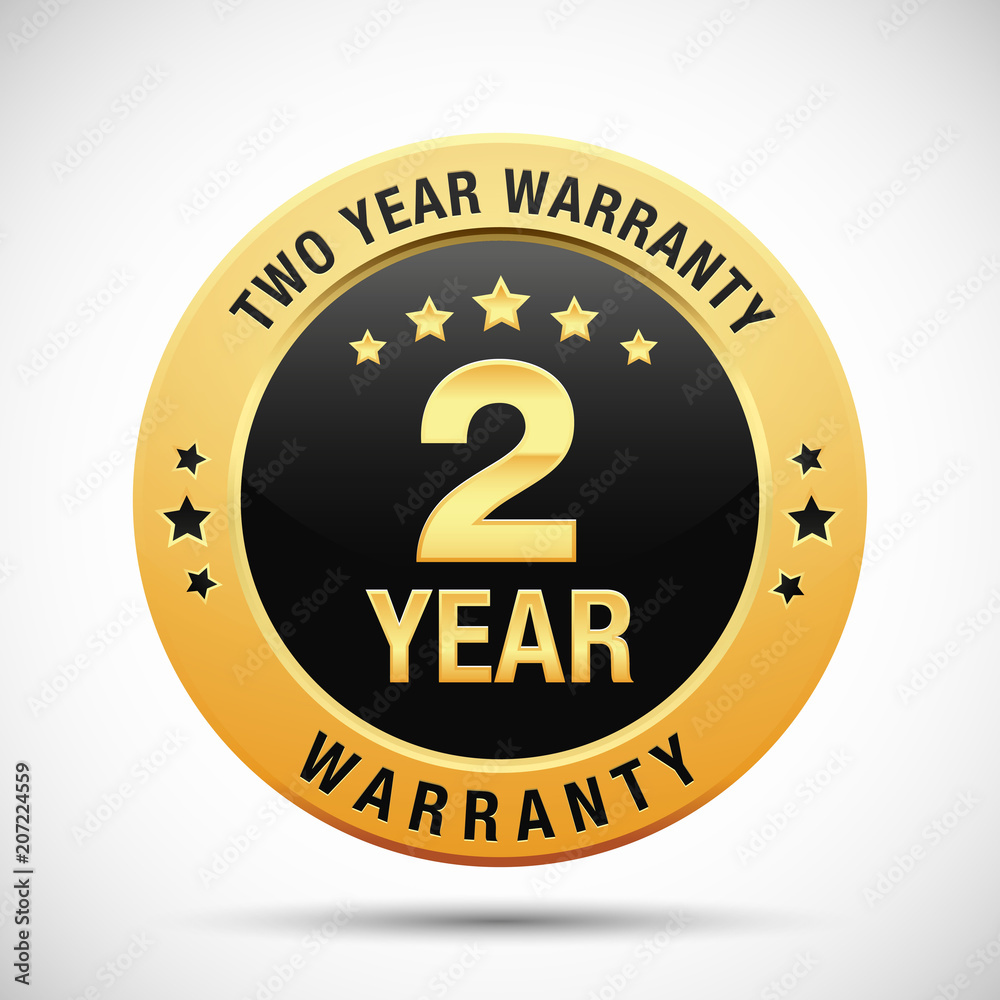 2 year warranty golden label isolated on white background
