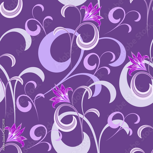 Vector seamless floral pattern on violet background with curls of pink decorative flowers